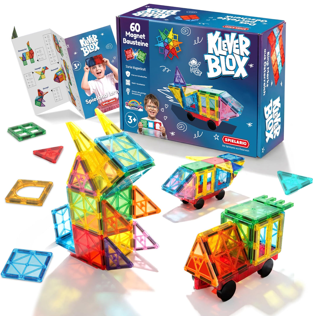 Kleverblox - 60 Stück Magnetische Bausteine für Kinder - Magnetbausteine ab 3 Jahre - Magnetische Fl