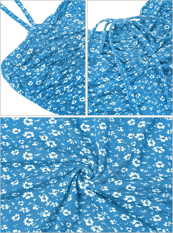 Missufe Damen Sommerkleid Swing Blumenkleid Freizeitkleid Spaghettiträger Cami Kleider XL Blau, XL B