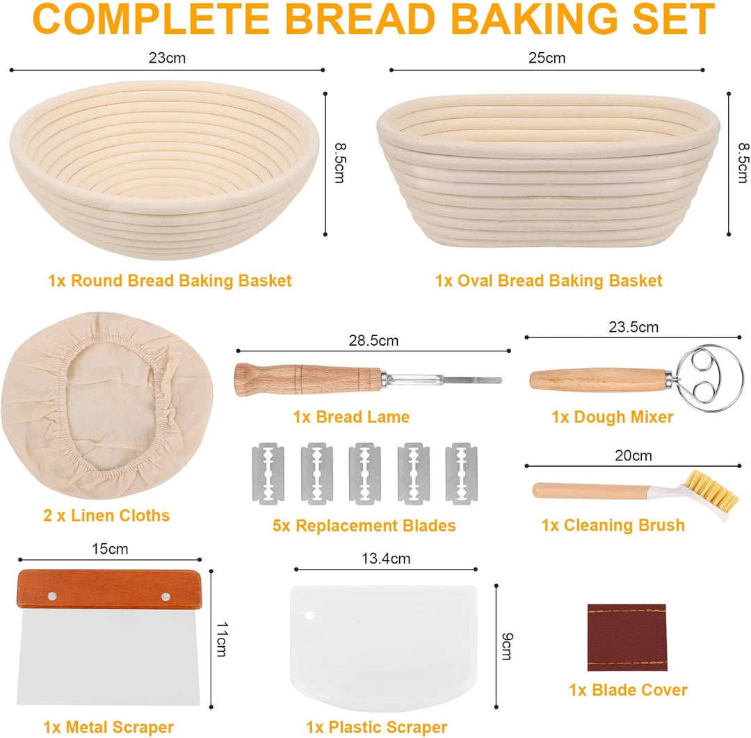 Gärkorb Brot Set, Komplettset Brot Backen Zubehör inkl. Brotgärkorb (23cm rund & 25cm oval), Teigsch