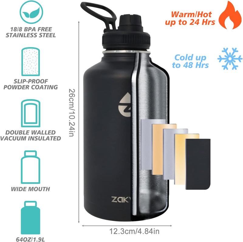 ZAKVOP Thermosflasche, 2L Trinkflasche Edelstahl mit Strohhalmen und 3 Deckeln, Trinkflasche Thermo