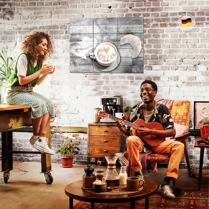 Runa Art Wandbilder Kaffee Küche Bild XXL Esszimmer Küchenbilder Grau Beige Kaffeetasse Holz 120 x 8