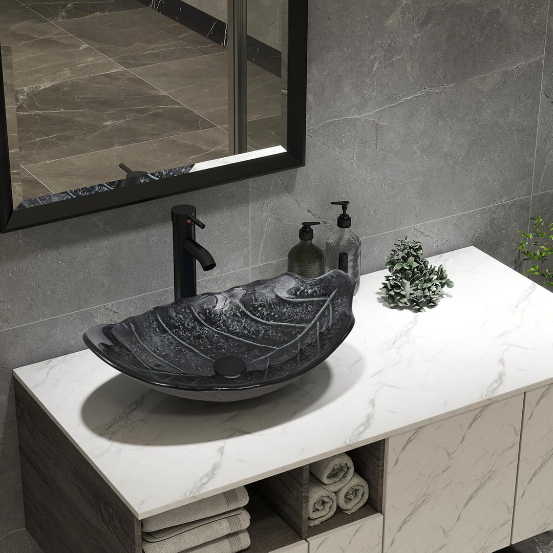 YU YUSING Aufsatzwaschbecken Waschbecken Glas Waschtisch Waschschale mit Wasserhahn Set, Blattförmig