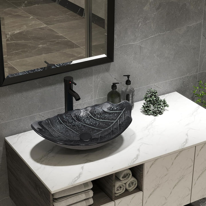 YU YUSING Aufsatzwaschbecken Waschbecken Glas Waschtisch Waschschale mit Wasserhahn Set, Blattförmig