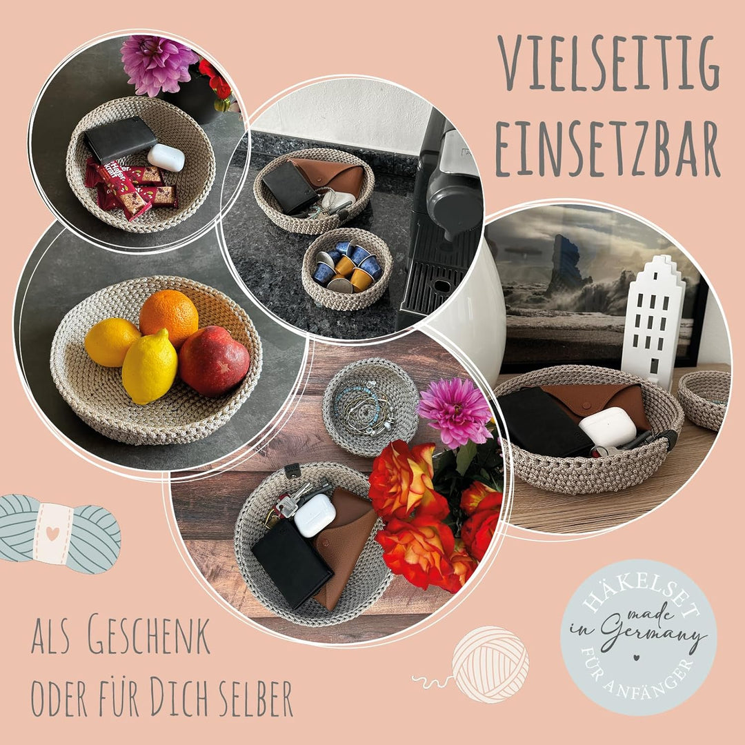 HÄKEL LIESE Häkelset für Anfänger - runde Schalen, Häkel Set Anfänger Erwachsene, Häckelset Schale m