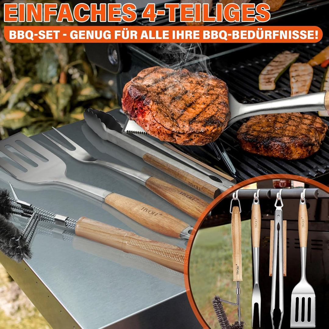 TIVOLI Grillbesteck Set 4-teilig, aus hochwertigem Edelstahl Gefertigt, mit Sicheren Holzgriffen, in