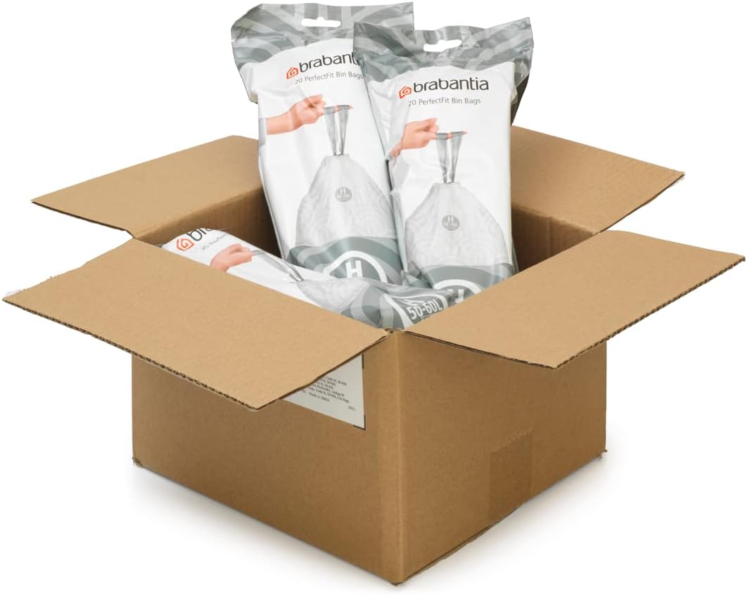 Brabantia Müllbeutel PerfectFit Multipack (Code H - 50l / 60L) Extra Starke Müllsäcke mit Zugband, 6