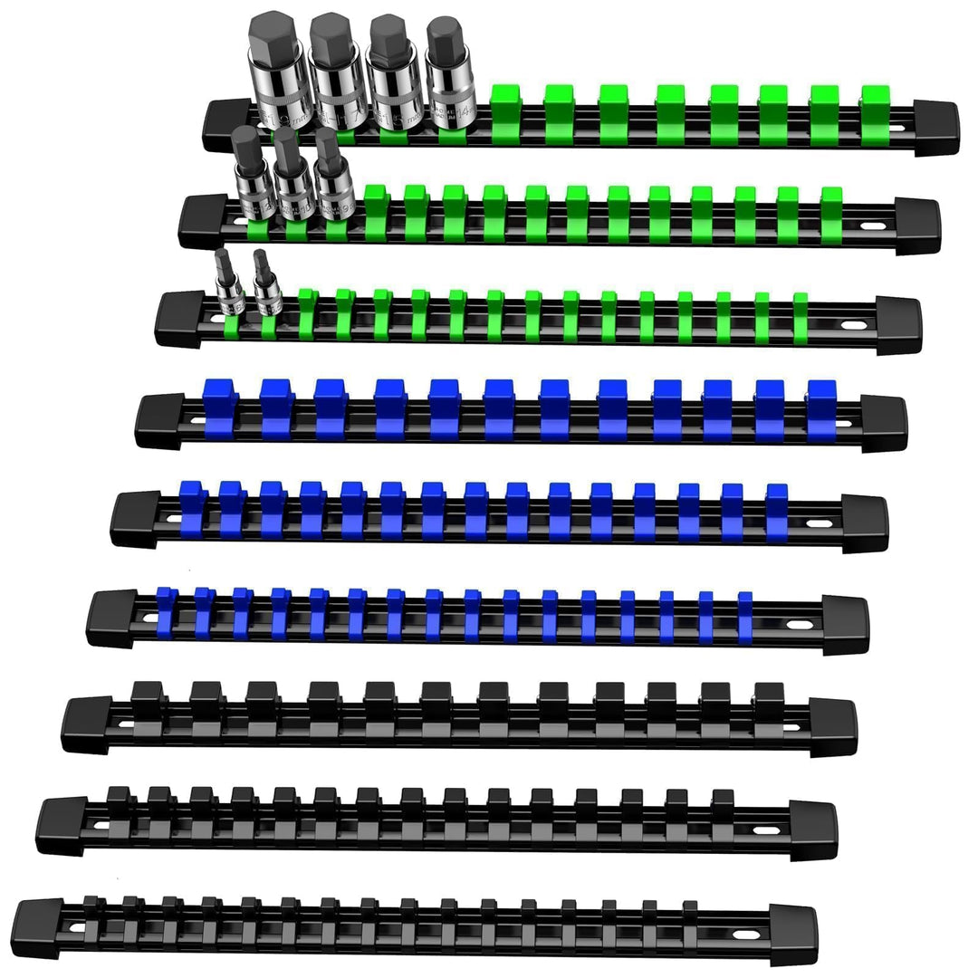 9PC Stecknuss-Organizer Schienen Set Schwarz Blau Grün, robuste ABS Aufbewahrung für Werkstatt, komp