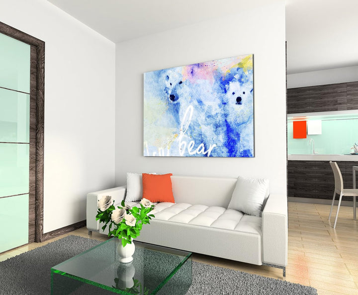 Paul Sinus Art Bild Leinwand 120x80cm Eisbären in Blautönen mit Kalligraphie, 120x80cm
