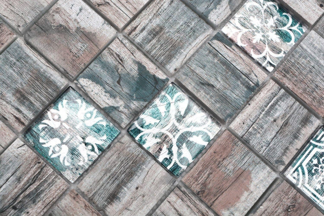 Mosaikfliese Glasmosaik Medio Vintage Patchwork grau braun pastell grün Holzoptik Ornament Küchenrüc