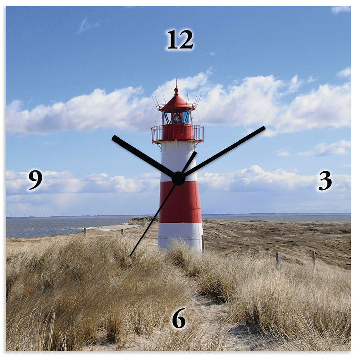 ARTLAND Wanduhr ohne Tickgeräusche Alu Quarzuhr 30x30 cm Quadratisch Lautlos Strand Meer Leuchtturm