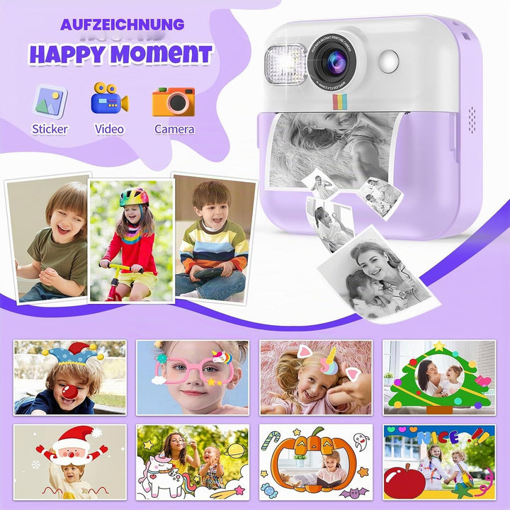 Kinderkamera Sofortbildkamera,Sofortbildkamera Kinder, 1080P Digitalkamera Kinder mit 32GB Karte Dru