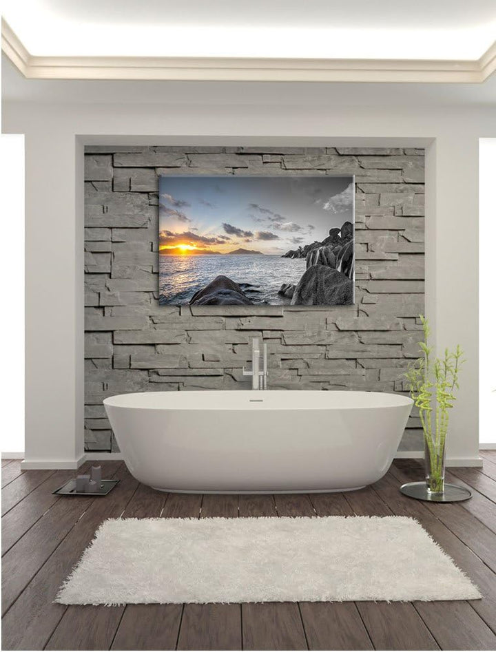 Pixxprint Sonnenuntergang Seychellen als Leinwandbild | Grösse: 100x70 cm | Wandbild | Kunstdruck |