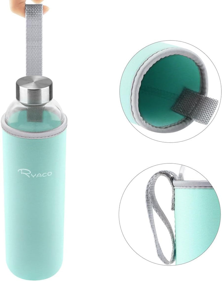 Ryaco Trinkflasche aus Glas 550ml/750ml/1000ml/1L,Glasflasche mit Neoprenhülle,Glastrinkflasche mit