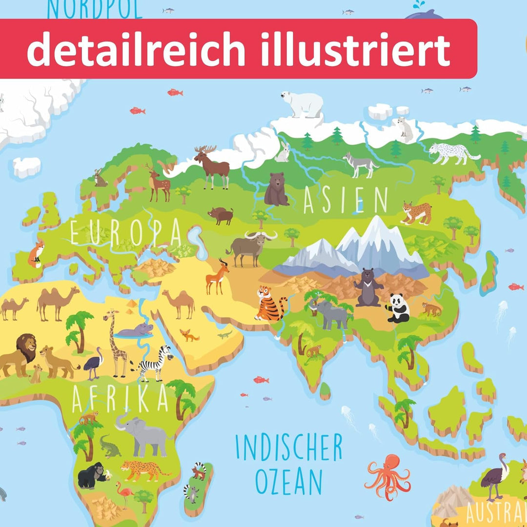 nikima - Kinder Weltkarte 3D in 3 Grössen A3/ A2/ A1 Poster Plakat Tiere Erde Wandbild Kinderzimmer