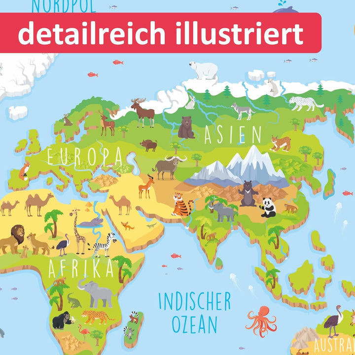 nikima - Kinder Weltkarte 3D in 3 Grössen A3/ A2/ A1 Poster Plakat Tiere Erde Wandbild Kinderzimmer
