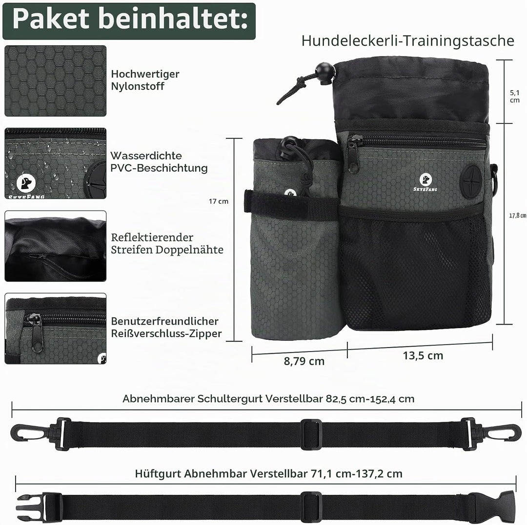 SkyeFang Futterbeutel Hund,2 in 1 Leckerlibeutel für Hunde,mit Wasserflasche Tasche,Abnehmbare Futte