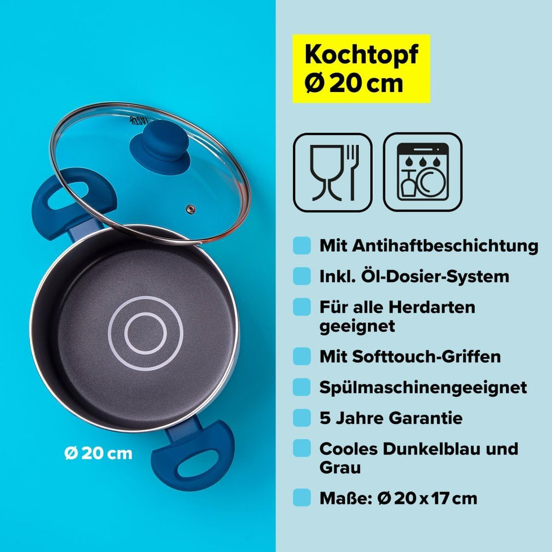Tasty Antihaft-Kochtopf mit Glasdeckel und Öldosiersystem, 20cm, 3500ml – Gepresstes Aluminium, für