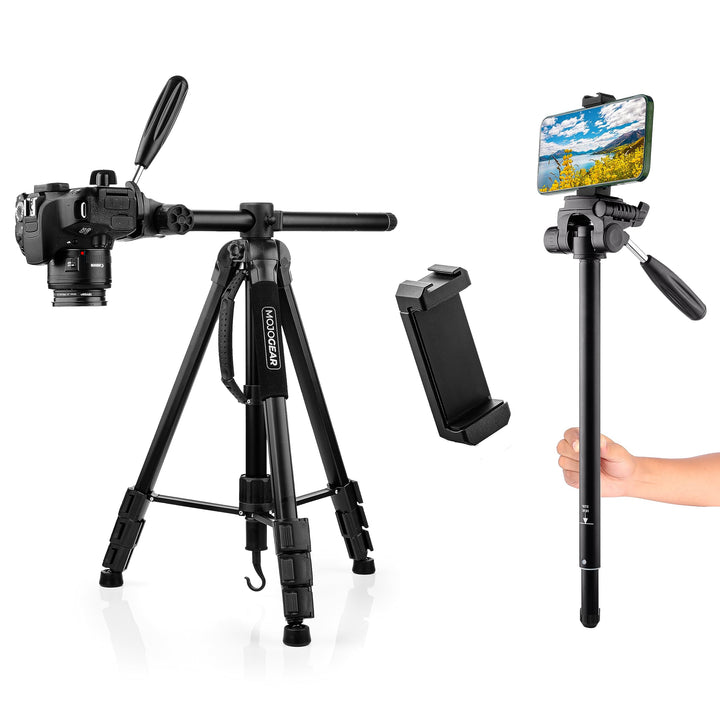 MOJOGEAR 167 cm 3-in-1-Stativ: Dreibein, Einbeinstativ und Horizontalarm für Top-Aufnahmen – mit Han