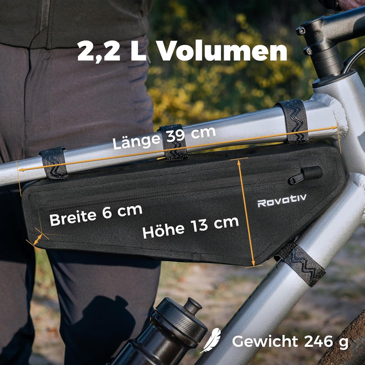 Rovativ® Bikepacking Rahmentasche [2,2 Liter] 100% Wasserdicht - super Fester Halt - Robustes TPU-Ge
