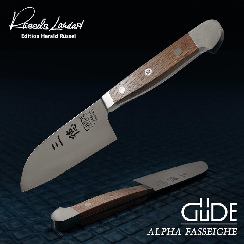 GÜDE Solingen - Santoku Messer geschmiedet, 14 cm, Fasseichenholz, ALPHA FASSEICHE, Doppelkropf, Han