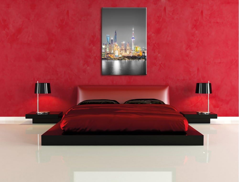Pixxprint Shanghai Skyline bei Nacht als Leinwandbild/Grösse: 100x70 cm/Wandbild/Kunstdruck/fertig b
