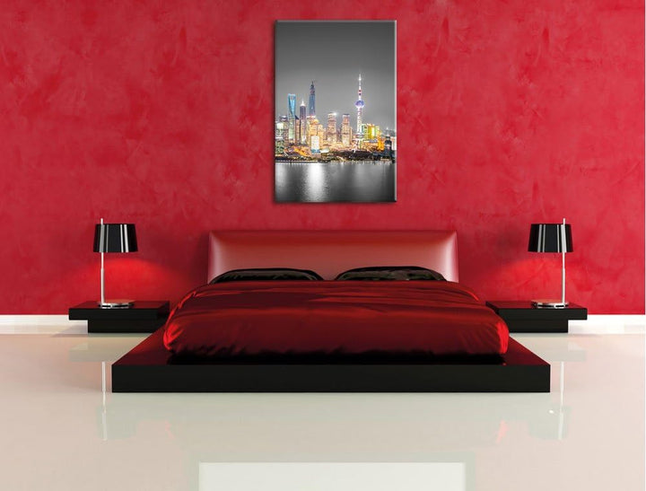 Pixxprint Shanghai Skyline bei Nacht als Leinwandbild/Grösse: 100x70 cm/Wandbild/Kunstdruck/fertig b