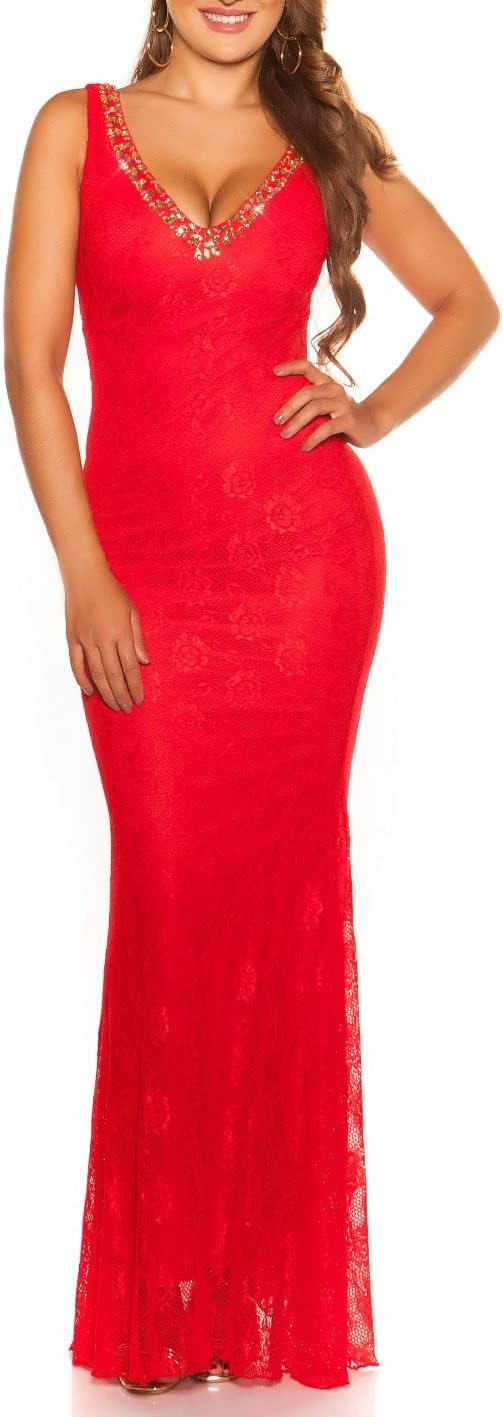 Glamour Strass V-Neck Maxi Silvester Spitzen Kleid S Rot, S Rot