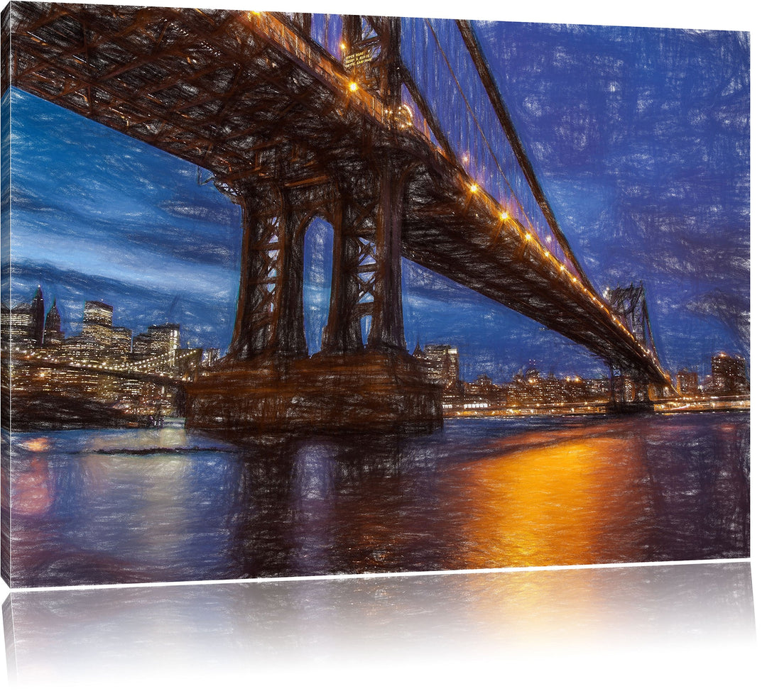 Pixxprint Manhatten Brücke New York / 100x70cm Leinwandbild bespannt auf Holzrahmen/Wandbild Kunstdr