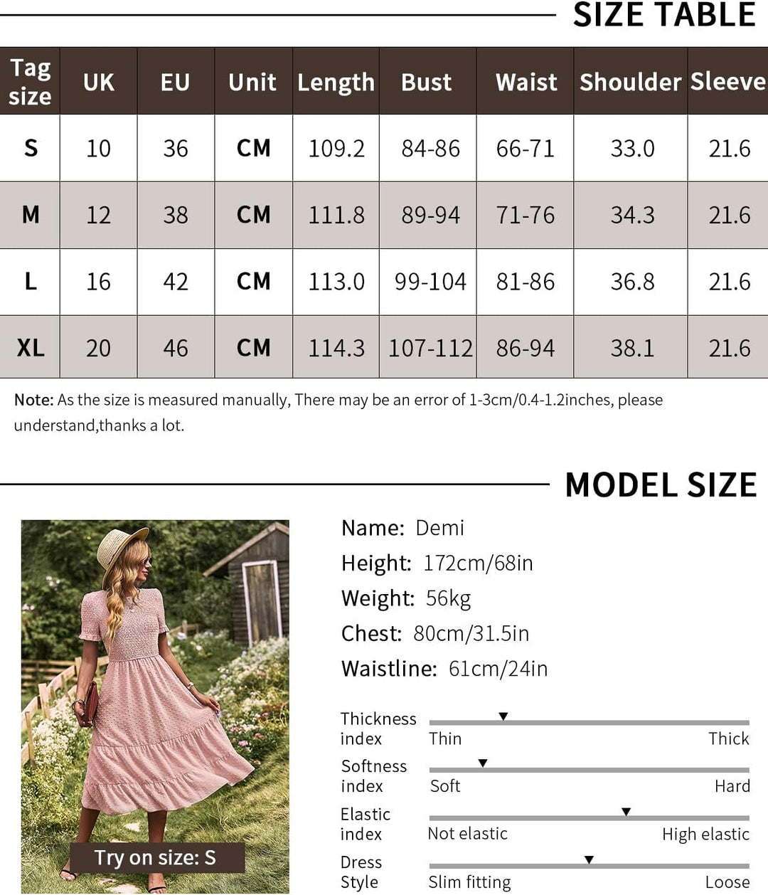 BebreezChic Damen Sommerkleid Rundhals Kurzarm Puffärmel Gerüschter Gerafftes Freizeitkleid mit Hohe