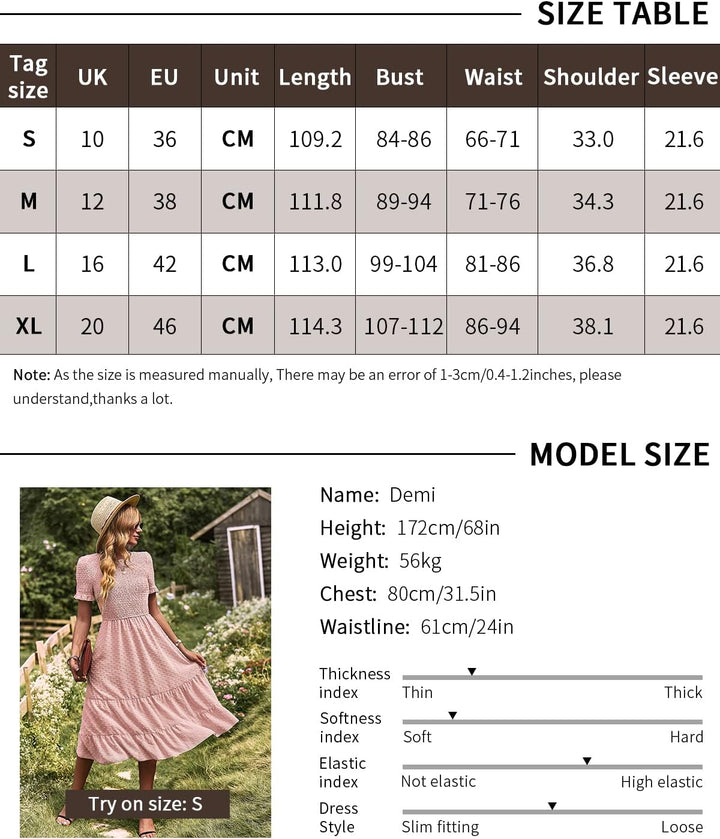 BebreezChic Damen Sommerkleid Rundhals Kurzarm Puffärmel Gerüschter Gerafftes Freizeitkleid mit Hohe