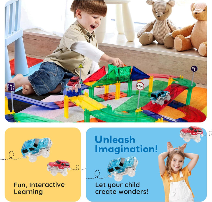 PicassoTiles 80 Stück Rennwagen Bahn Baustein Lernspielzeug Set Magnetische Fliesen Magnet DIY Spiel