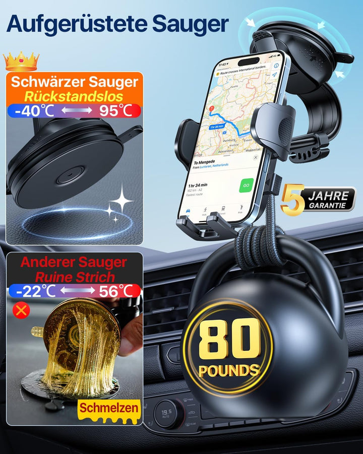 HTU【2026 Neuester Saugnapf & Lüftung Biegsamer Arm Handyhalterung Auto【True Militär-Klasse】 360° Dre