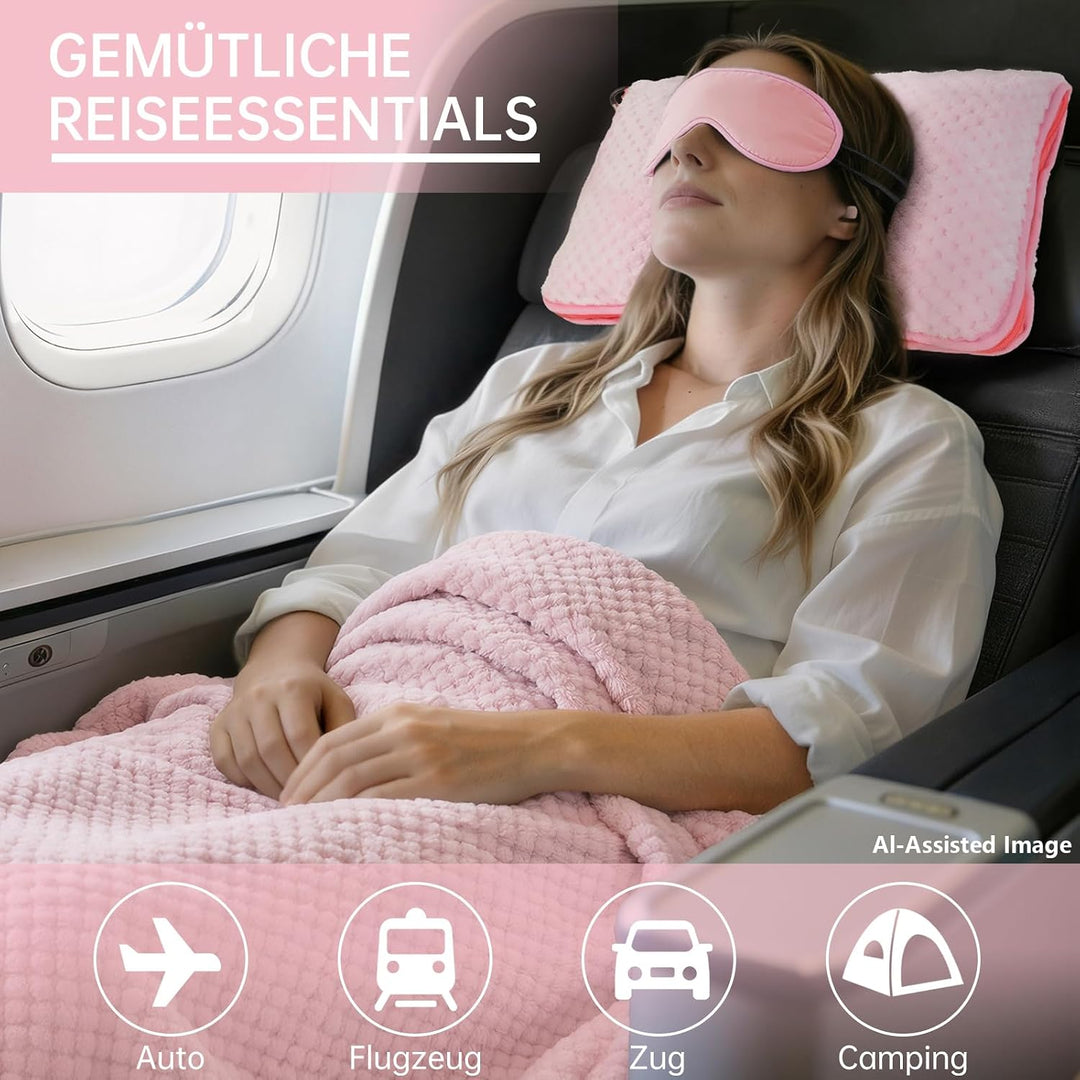 3 in 1 Reisedecke Ultraleicht und warm für Flugzeug und Auto - Tragbares aufblasbares Flugzeug Kisse