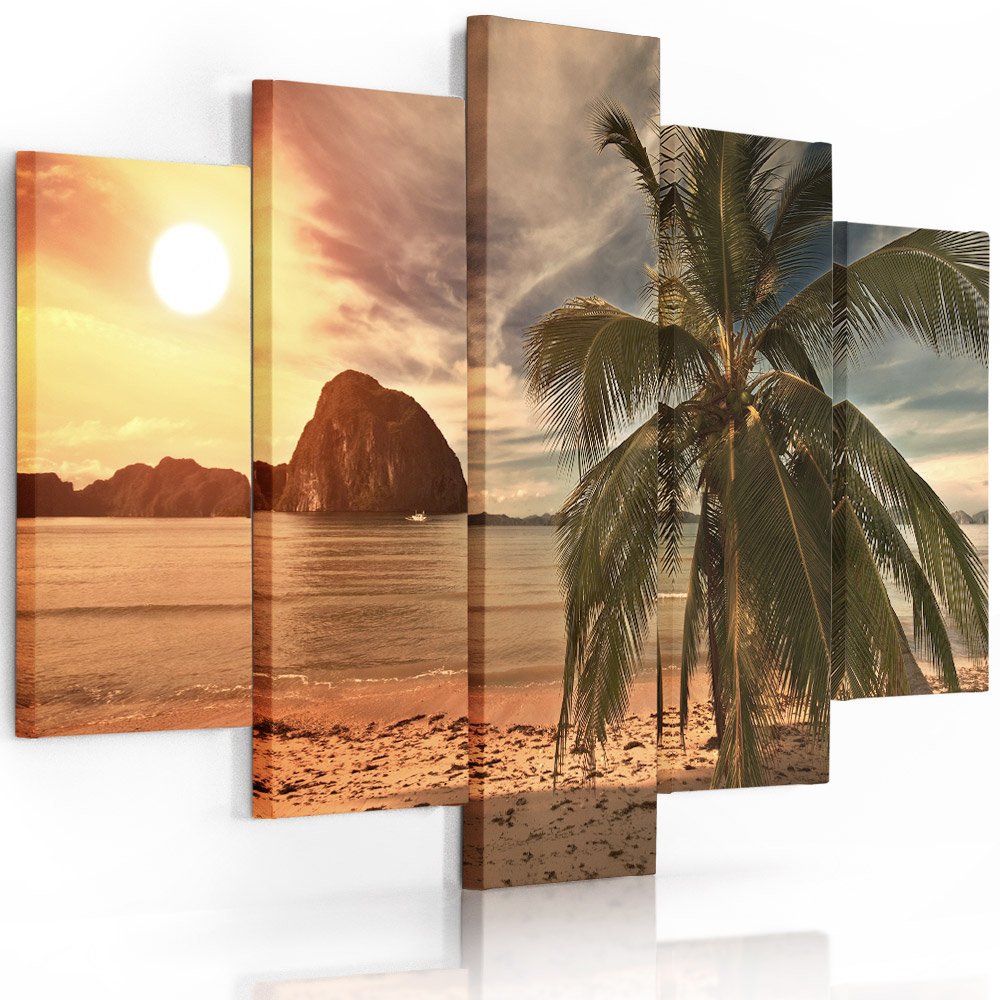 Feeby Frames, Leinwandbild Bilder Wand Bild - 5 Teile - Wandbilder Kunstdruck (PALME, SONNENUNTERGAN