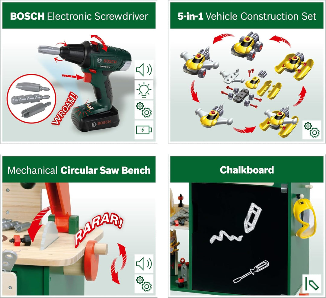 Theo Klein 8734 Bosch Holzwerkbank I Robuste Kinderwerkbank, höhenverstellbar I Elektr. Akkuschraube