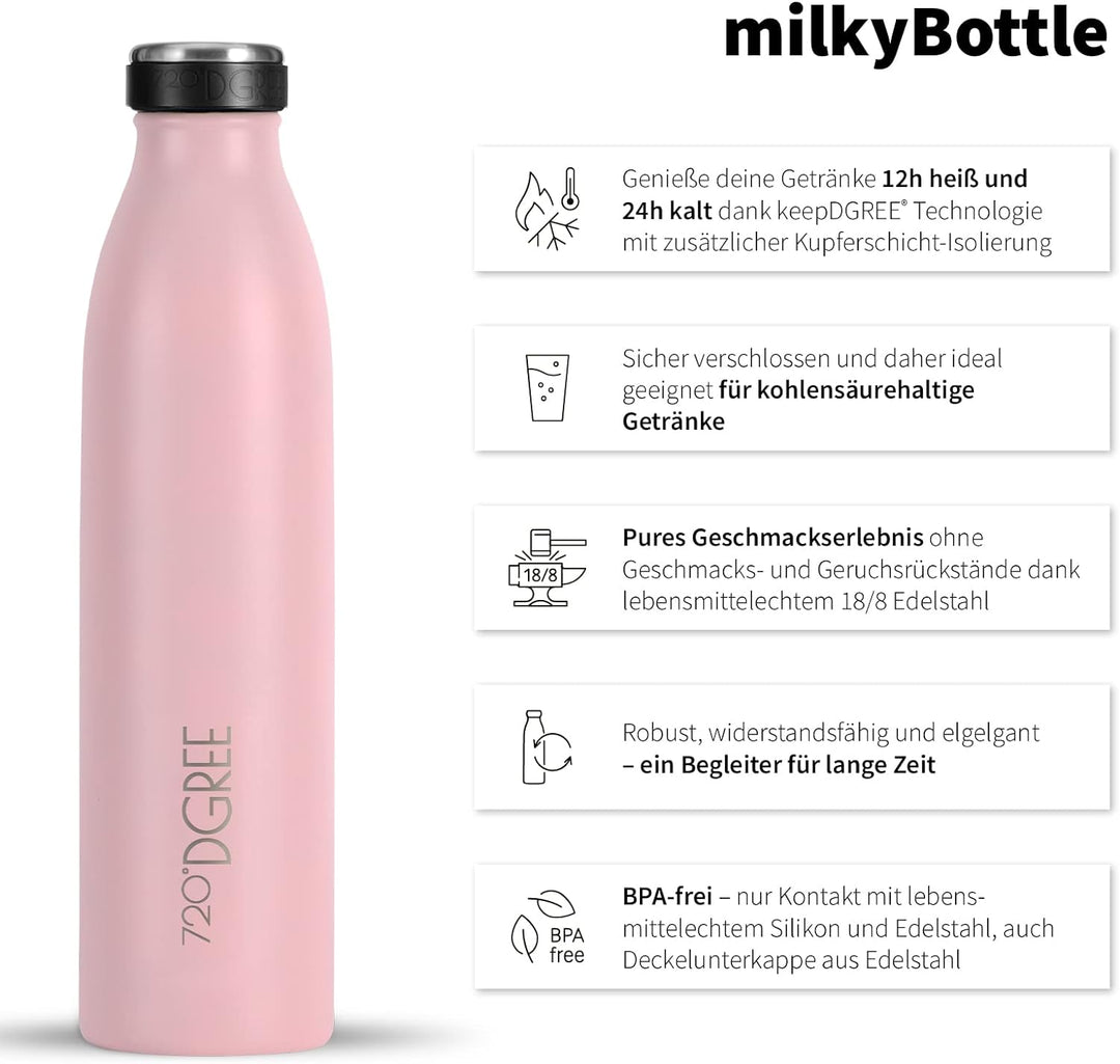 720°DGREE Edelstahl Trinkflasche “milkyBottle” - 750ml - BPA-Frei, Auslaufsicher, Kohlensäure geeign