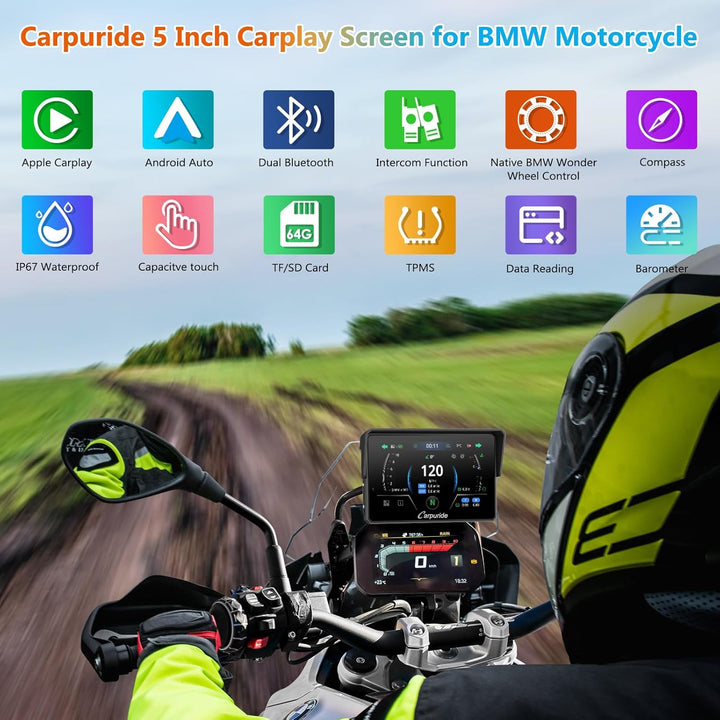 CARPURIDE W502BS Pro für BMW-Motorrad, CarPlay & Android Auto, Dual-Bluetooth, 5 Zoll Wasserdichter
