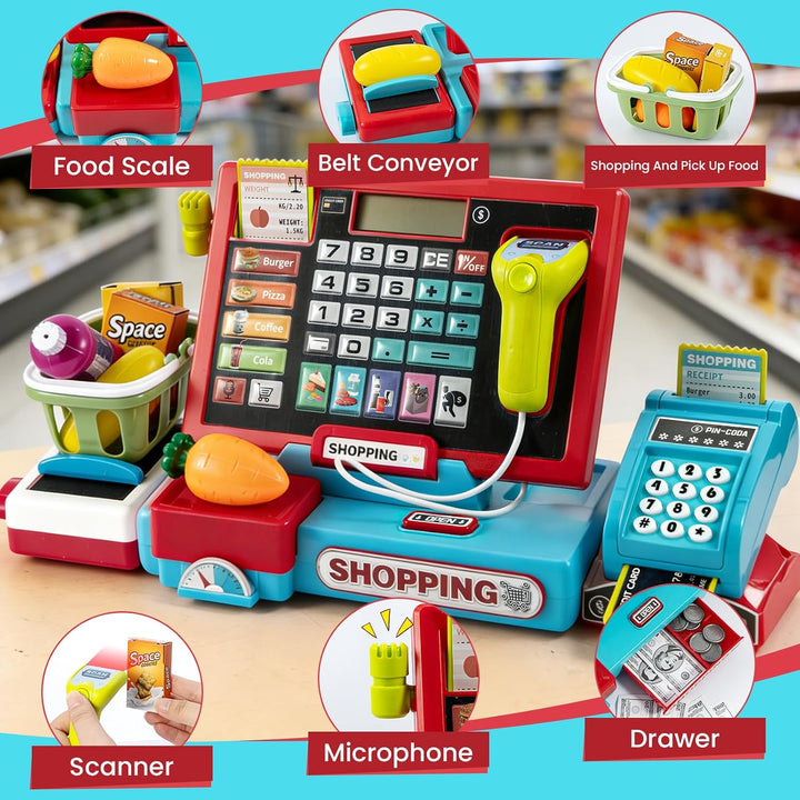 Interaktive Rollenspielkasse Supermarkt Kasse Set mit Scanner Blau, Blau