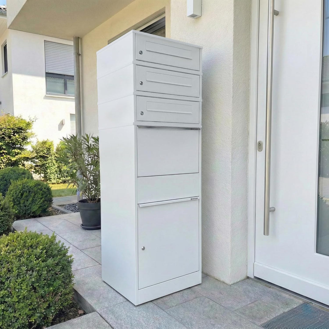 Metzler Paketbox mit 3 Briefkästen – XXL 3er-Briefkasten mit Paketfach, rostfrei und wetterfest – gr
