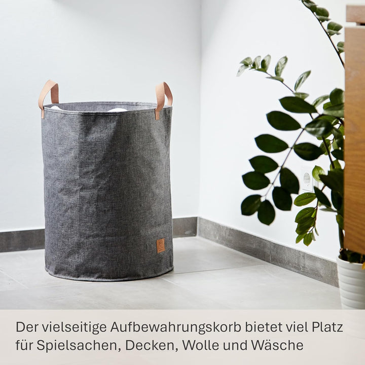 LOVE IT STORE IT Premium Aufbewahrungskorb mit Griffen - Runder Wäschesammler aus Leinen - Grau - St