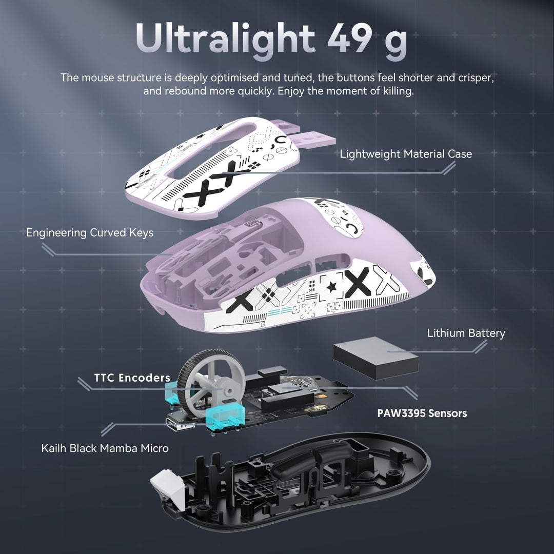 ATTACK SHARK X3 49g Superlight Maus mit Klebeband, PixArt PAW3395 Gaming-Sensor, BT/2,4G Kabellose/K