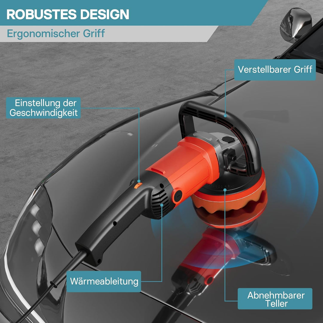 Wiltec Auto Poliermaschine Schleifmaschine 1200W bis 3000 U/min, Poliergerät mit 6 Stufen, mit Tasch