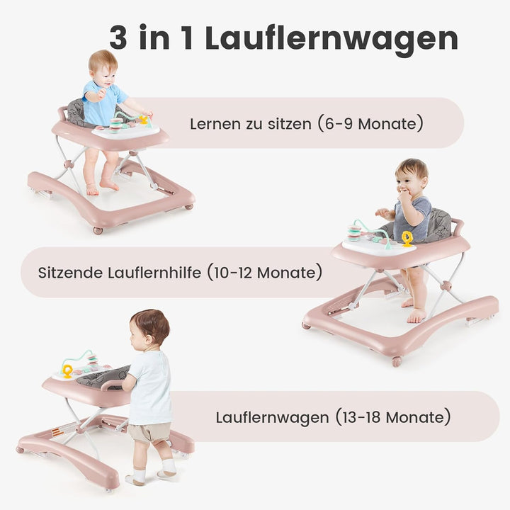 DREAMADE Baby Walker, Klappbare Lauflernhilfe mit 3 Verstellbaren Höhen, Abnehmbarer Spielplatte & S