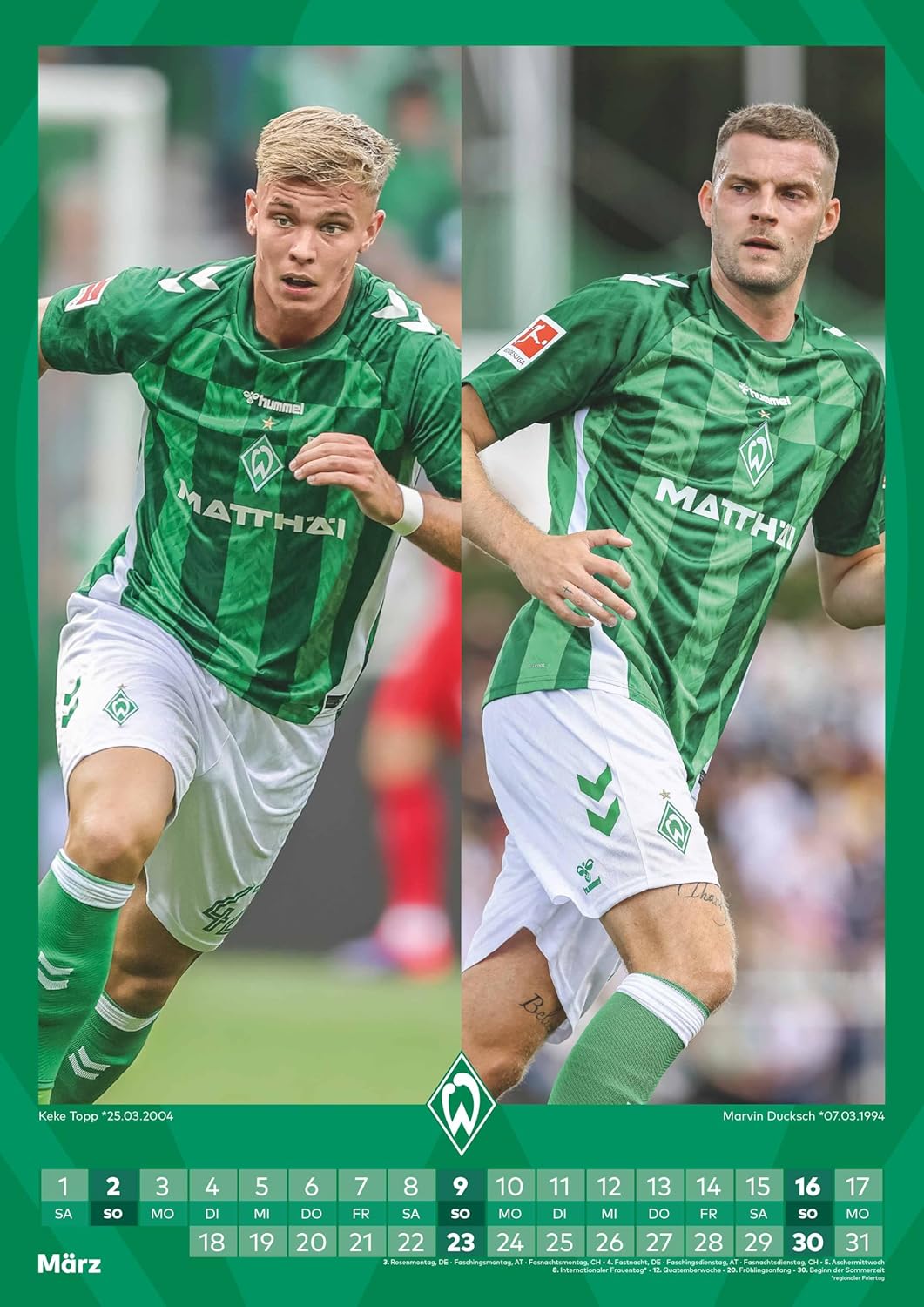 N NEUMANNVERLAGE - Werder Bremen 2025 Wandkalender, 29,7x42cm, Fussball-Kalender mit Motiven der Sta