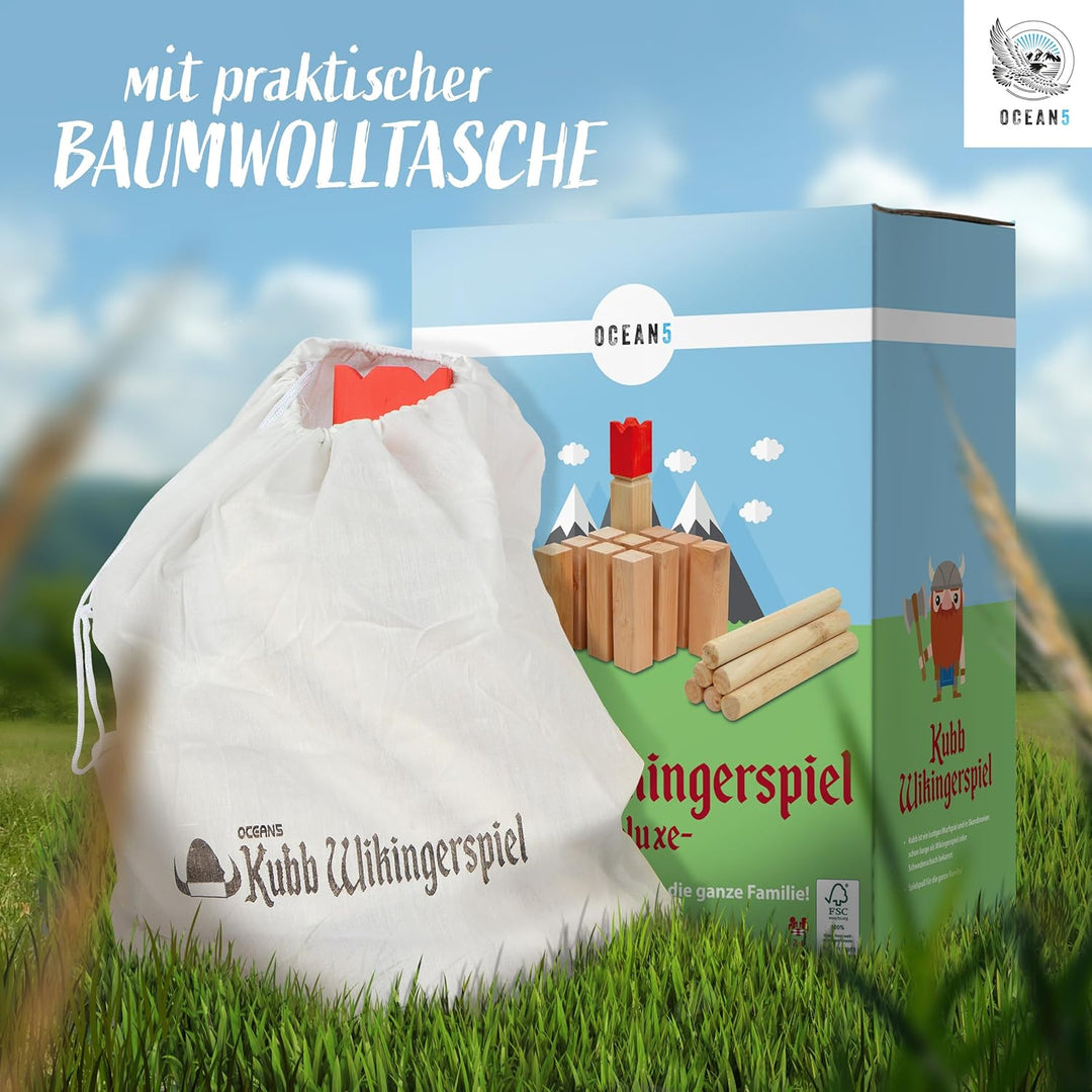 Ocean 5 Kubb - Original Wikinger Wurfspiel für Draussen - Holz Schach Kegel Spiel aus Skandinavien -