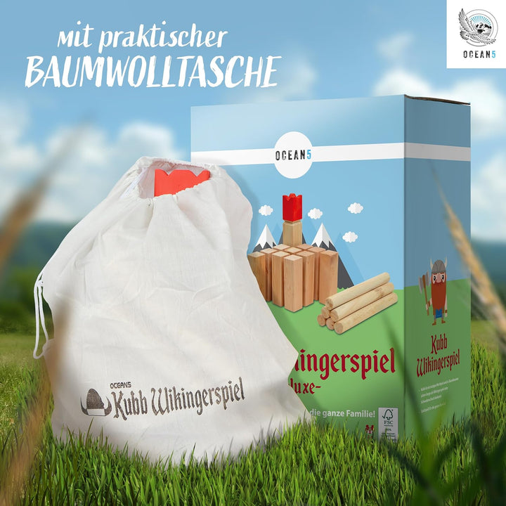 Ocean 5 Kubb - Original Wikinger Wurfspiel für Draussen - Holz Schach Kegel Spiel aus Skandinavien -