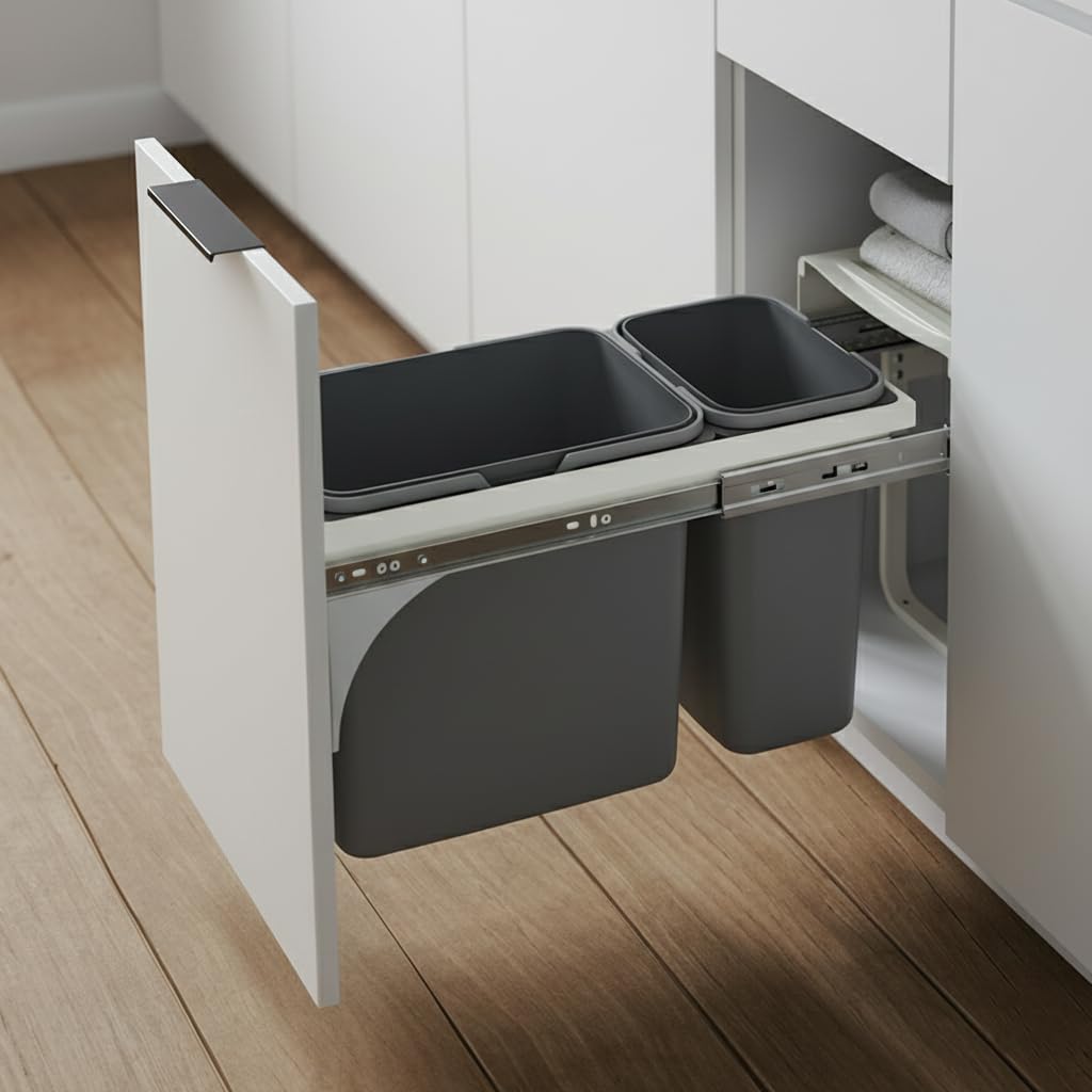 Einbau-Mülleimer für 30 cm Schrank 2-fach Abfallsystem mit Deckel Soft-Close & Vollauszug 26,4 x 50
