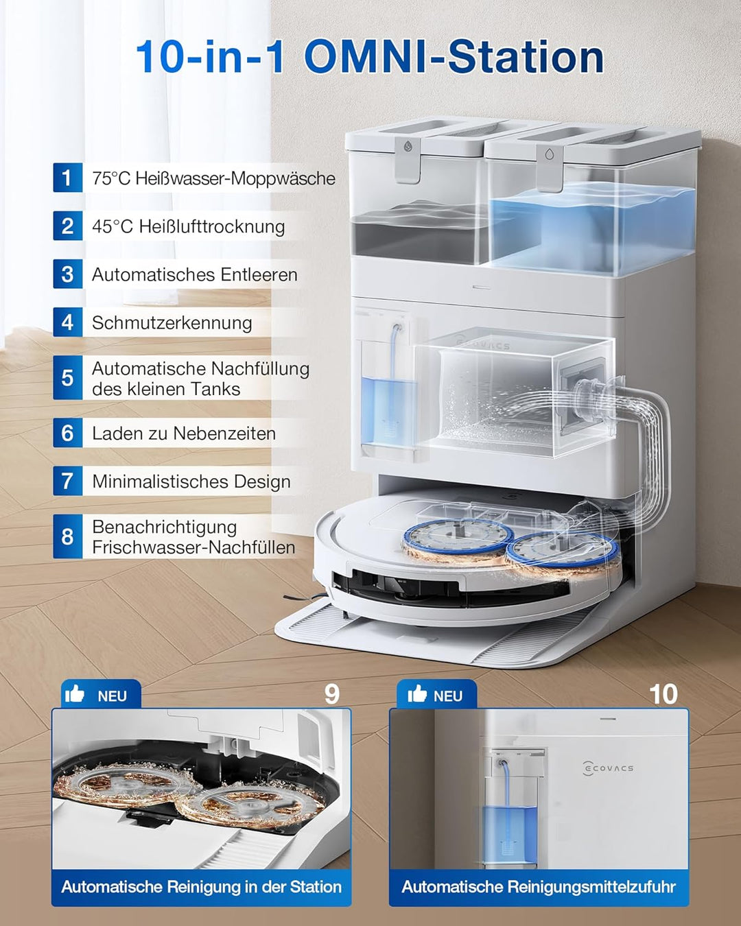 ECOVACS DEEBOT T50 PRO Omni Gen2 Saugroboter mit Wischfunktion, Ausfahrende Seitenbürste und Wischmo
