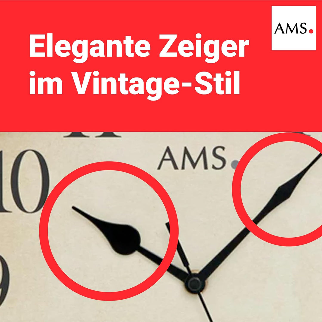 AMS 5962 Wanduhr Funkuhr Wand Vintage Uhr Style Metallgehäuse in antiker Holz-Optik Dekouhr
