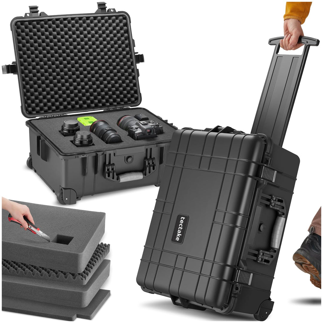 tectake® Kamerakoffer leer mit Schaumstoff, Universalkoffer mit Rollen, wasserdichter Koffer, Trolle